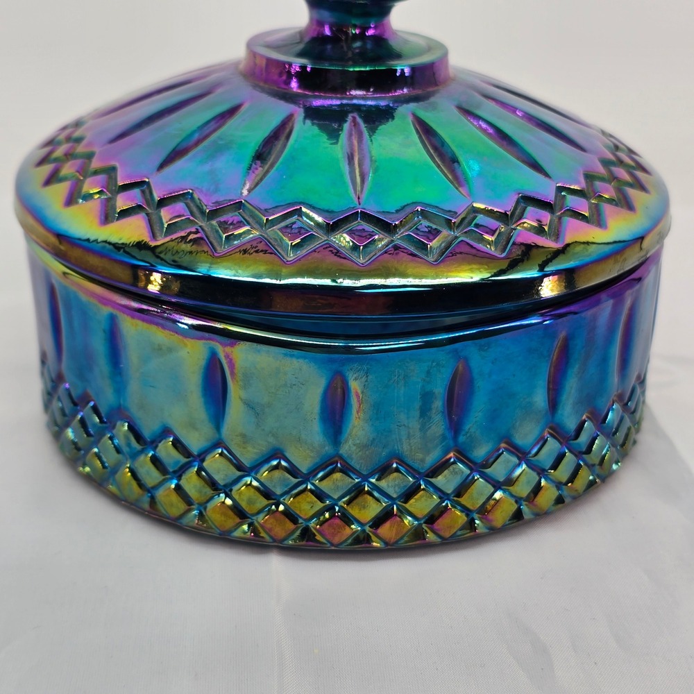 Vintage Iridescent Blue Carnival Glass Trinket Dish Lidded Candy Jar Oil Slick - Picture 8 of 9